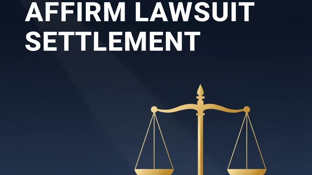 Affirm lawsuit settlement banner with scales of justice on navy background