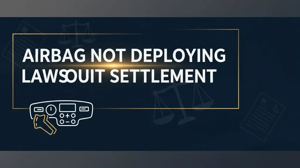 Airbag not deploying lawsuit settlement guide banner with legal scales and car dashboard icon on navy background