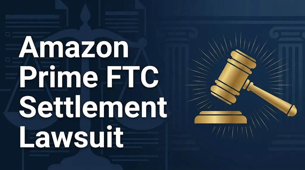 Amazon Prime FTC settlement lawsuit hero banner with scales of justice and $2.5 billion settlement details on navy background