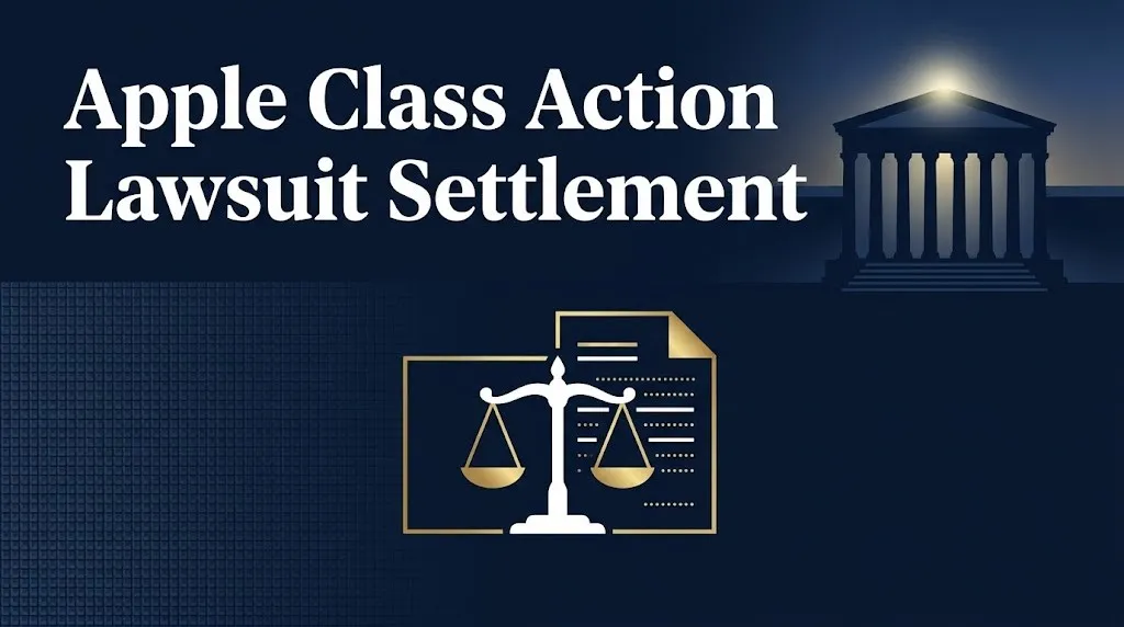 Apple class action lawsuit settlement guide 2026 showing court symbols and payout information on navy background