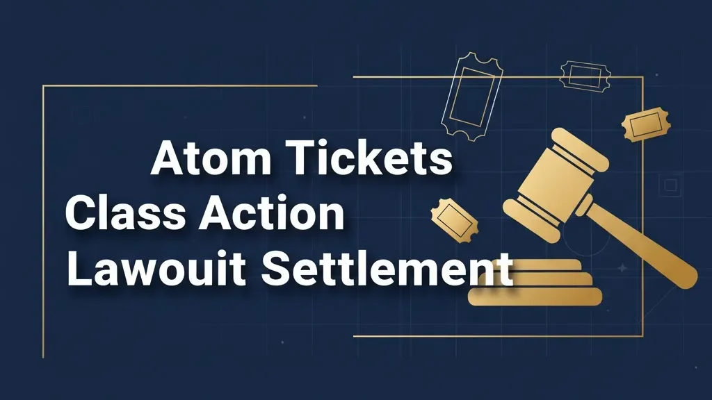Atom Tickets Class Action Lawsuit Settlement banner with gavel icon and ticket graphics on navy background