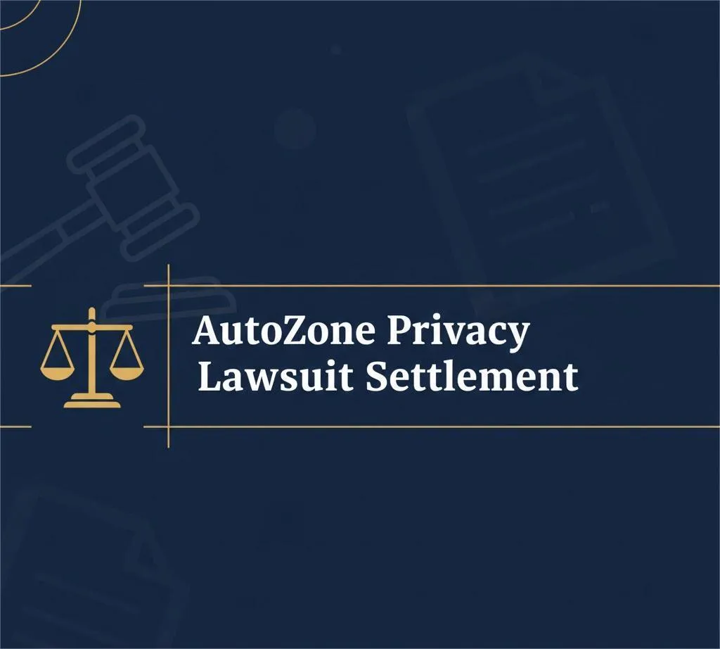 AutoZone Privacy Lawsuit Settlement headline on navy legal themed banner with scales of justice