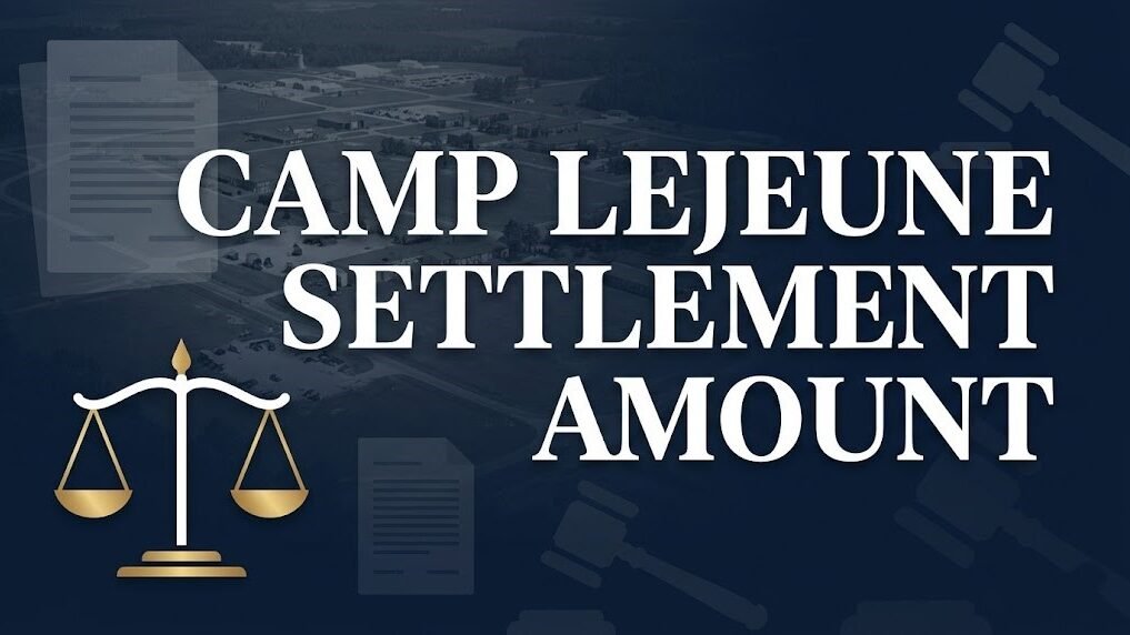 Camp Lejeune Settlement Amount headline on navy legal themed banner with gold scales of justice icon