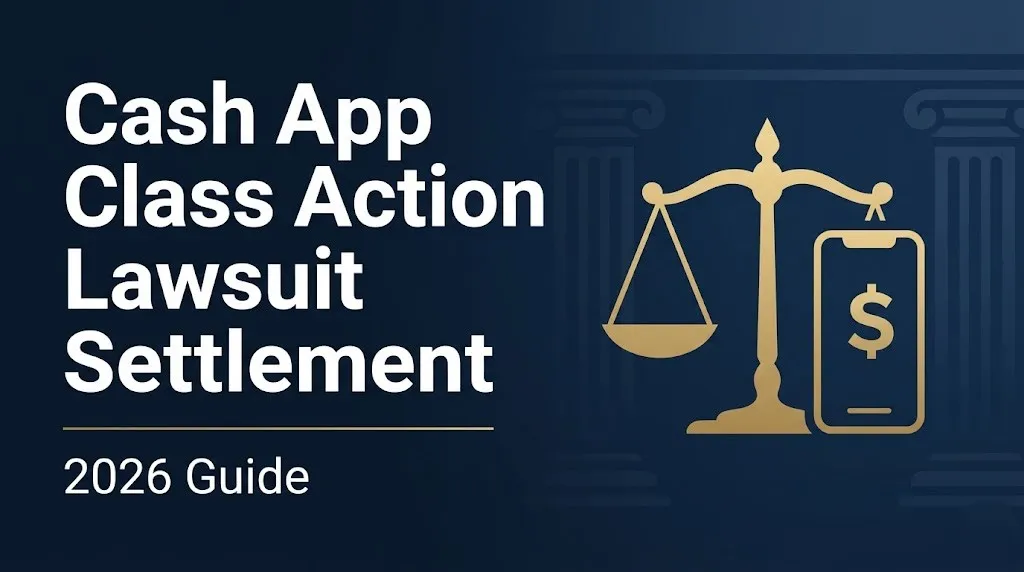 Cash App class action lawsuit settlement 2026 guide showing scales of justice and dollar symbol on navy background.