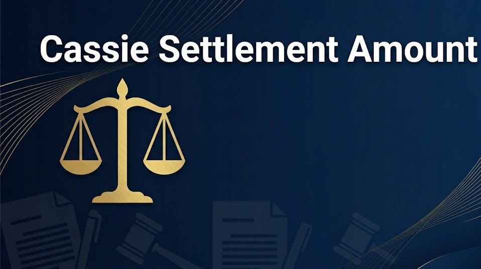 Cassie settlement amount headline on navy legal themed blog banner with gold scales of justice