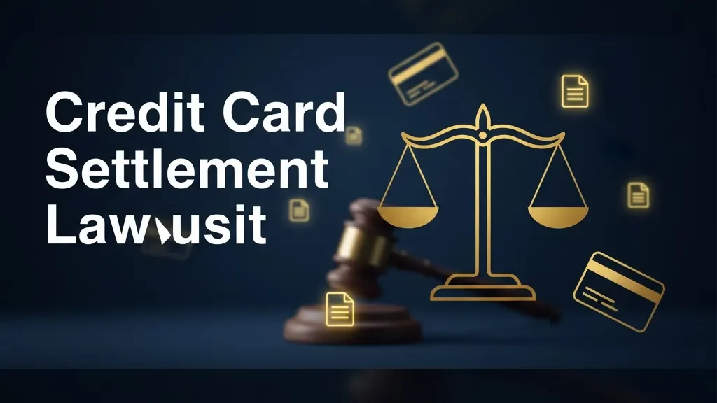 Credit card settlement lawsuit guide header with legal scales and credit card icons on navy background