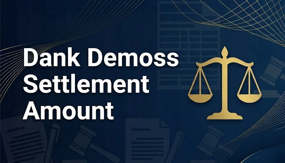 Dank Demoss settlement amount legal banner with scales of justice and gold accents