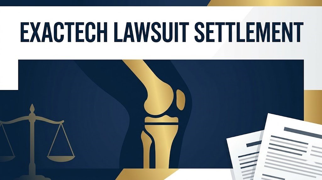 Exactech lawsuit settlement banner with knee implant icon and legal scales on navy background