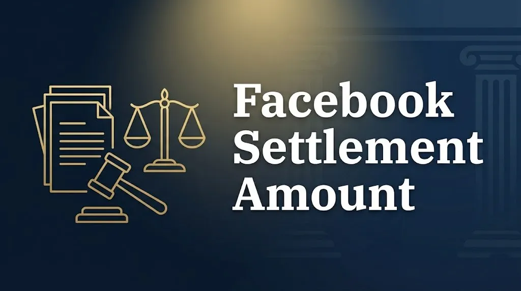 Facebook settlement amount legal banner with scales of justice and gavel, showing $725M class action payout details for 2026.