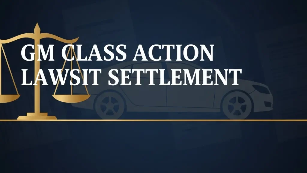 GM class action lawsuit settlement legal banner with scales of justice and vehicle silhouette
