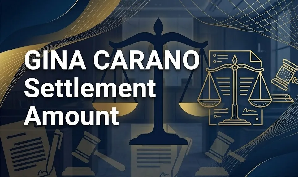 Gina Carano settlement amount legal news banner with courtroom background and scales of justice