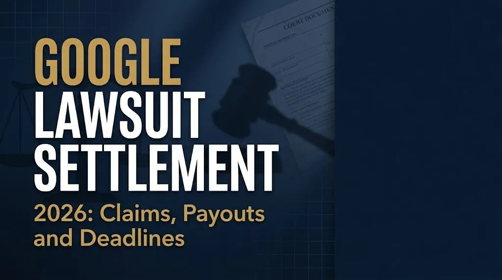 Google lawsuit settlement 2026 banner showing scales of justice and gavel on navy background with payout deadline text