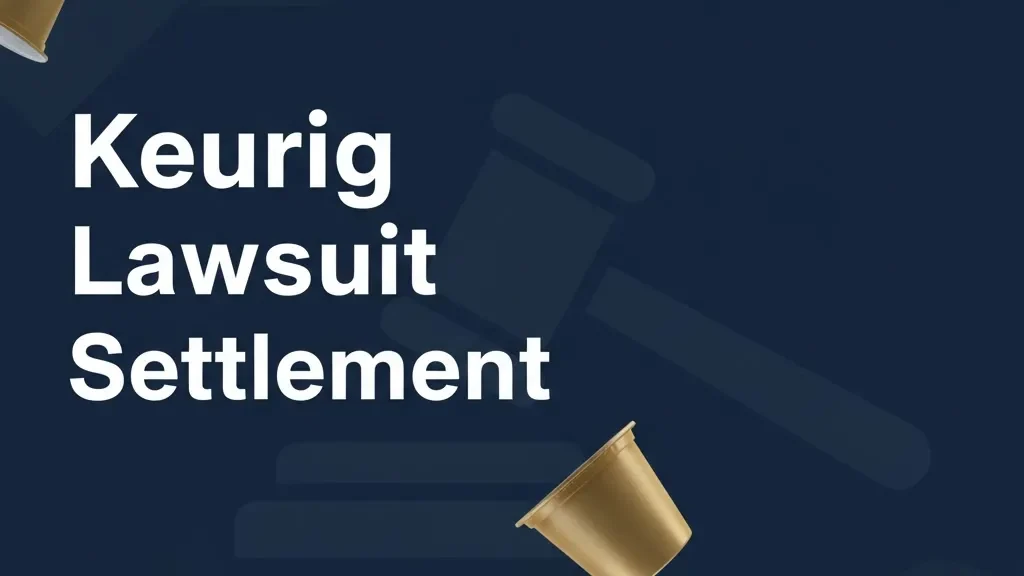 Keurig lawsuit settlement legal banner with coffee pod imagery and gavel on navy background