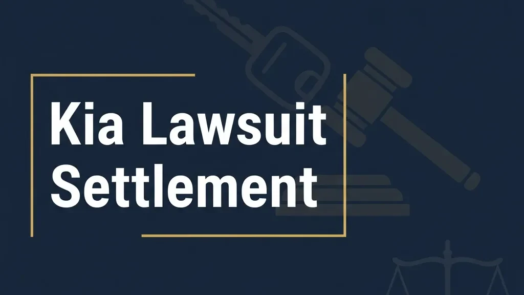 Kia lawsuit settlement legal banner with gavel and car key icons on navy background