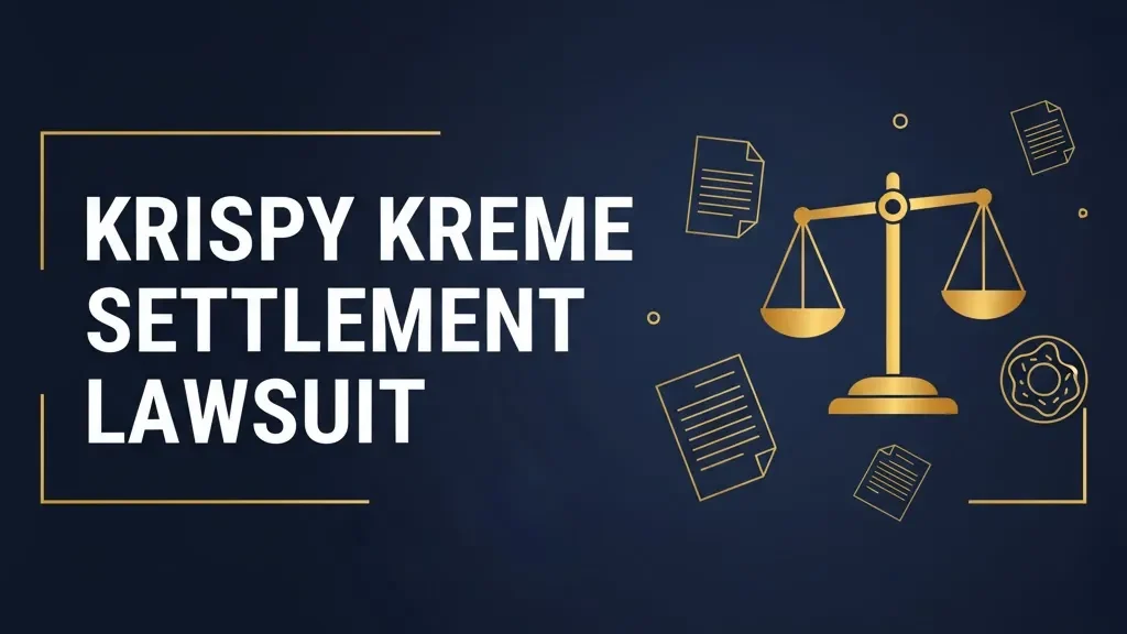 Krispy Kreme settlement lawsuit banner with scales of justice and legal documents on navy background