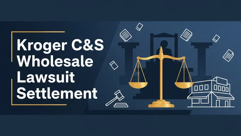 Kroger C&S wholesale lawsuit settlement 2026 legal banner with scales of justice and gavel icons