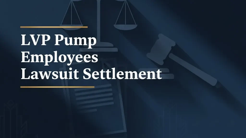 LVP Pump Employees Lawsuit Settlement banner with legal scales and gavel symbols on navy background