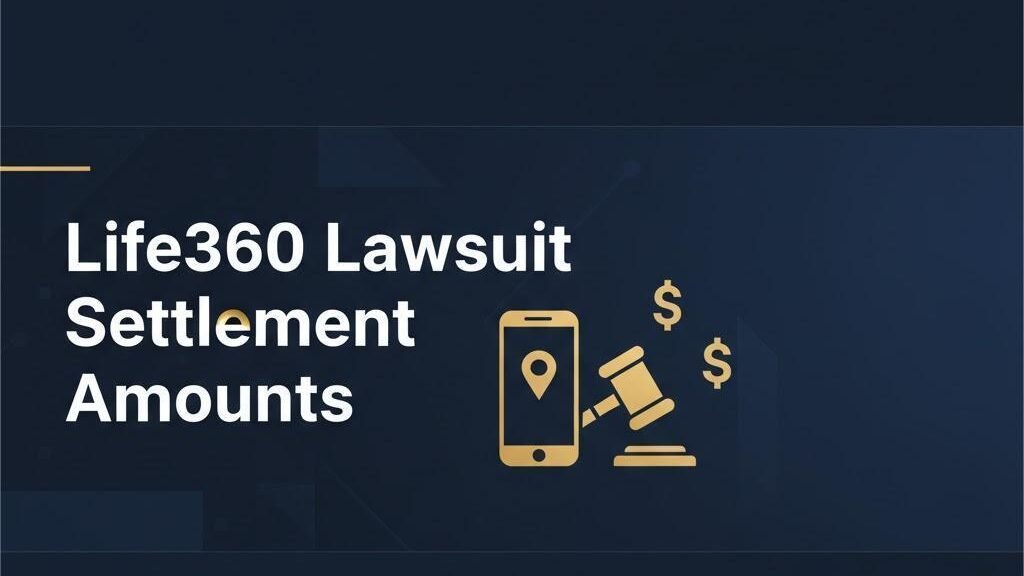 Life360 lawsuit settlement amounts infographic with gavel and smartphone icons on navy background