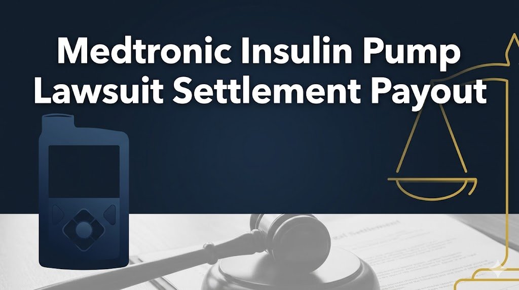 Medtronic insulin pump lawsuit settlement payout 2026 guide with legal scales and pump silhouette banner image