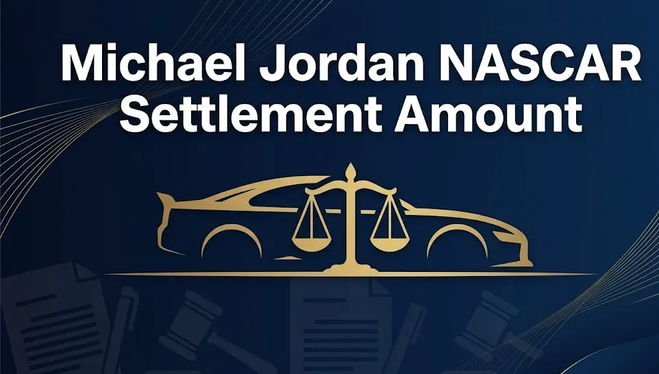 Michael Jordan NASCAR settlement amount legal banner with racing and scales of justice imagery