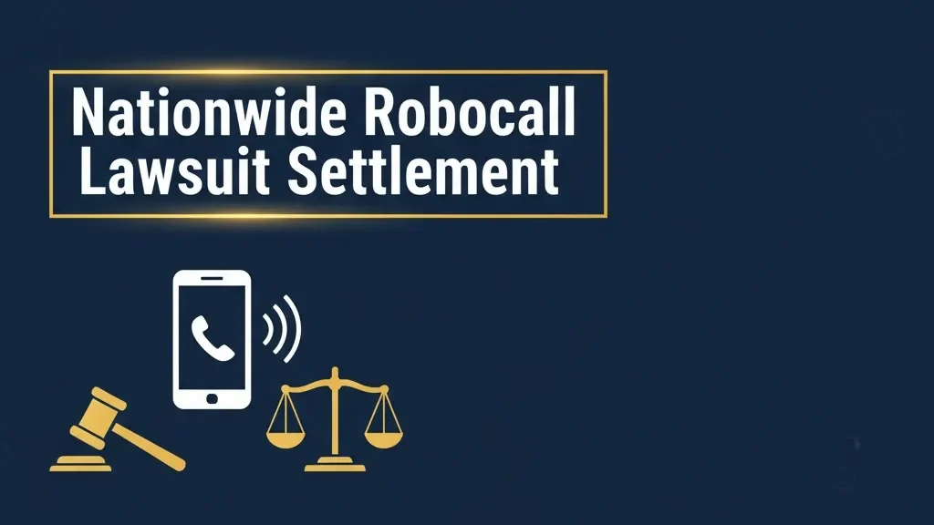 Nationwide robocall lawsuit settlement guide banner with phone, gavel, and legal scales icons