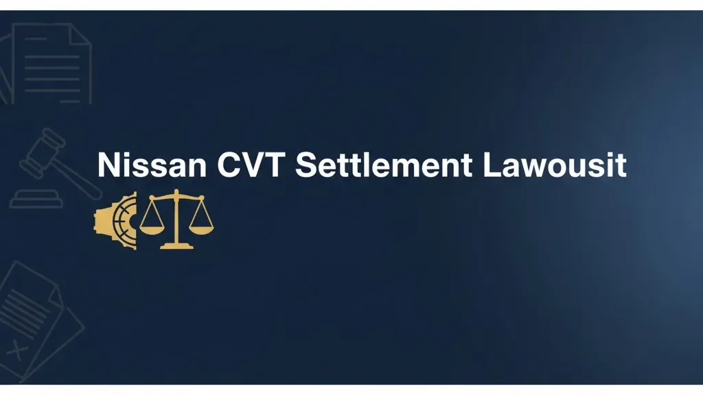 Nissan CVT settlement lawsuit banner with scales of justice and transmission icon on navy background