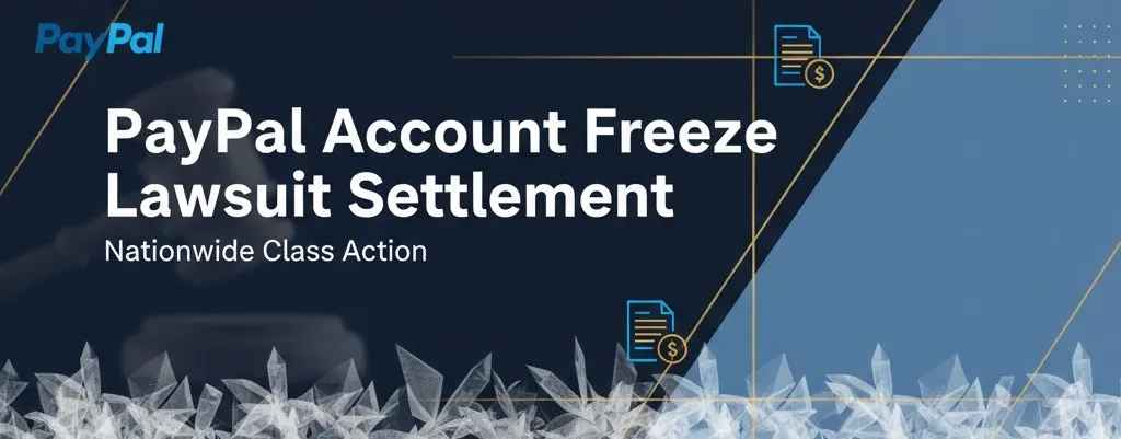 PayPal account freeze lawsuit settlement banner with legal gavel and document icons on navy background