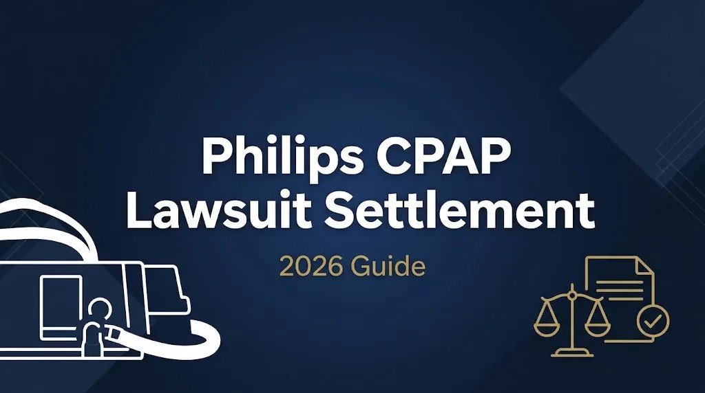 Philips CPAP lawsuit settlement 2026 guide banner with legal scales and device icon