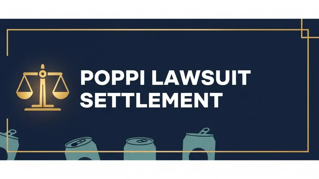 Poppi lawsuit settlement headline with scales of justice icon on navy background