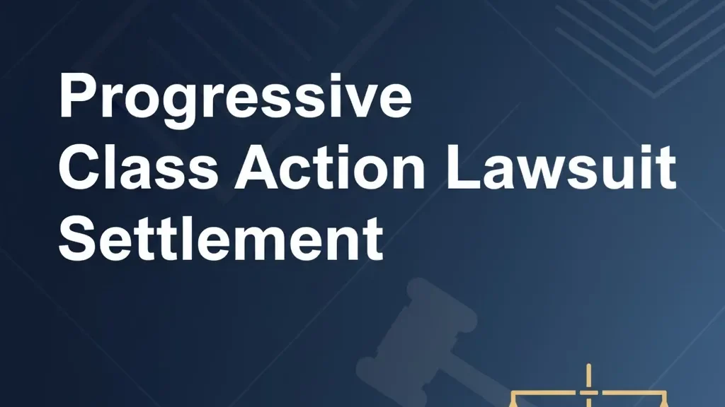 Progressive class action lawsuit settlement guide banner with legal scales and gavel imagery