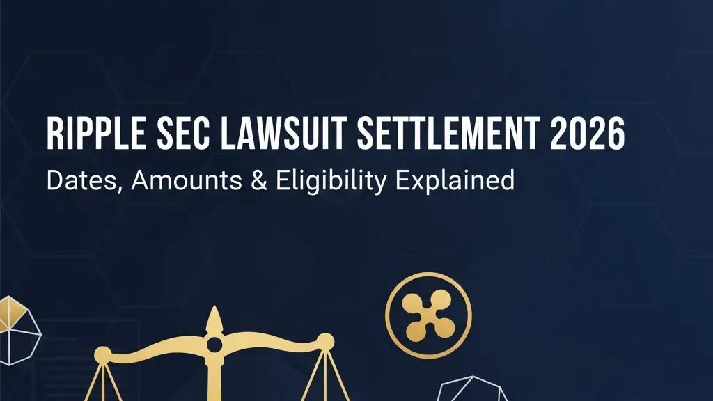 Ripple SEC lawsuit settlement 2026 banner with legal scales and blockchain elements on navy background