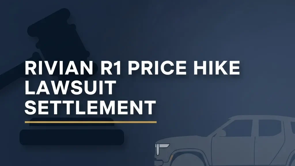 Rivian R1 price hike lawsuit settlement banner with legal gavel and electric vehicle outline on navy background