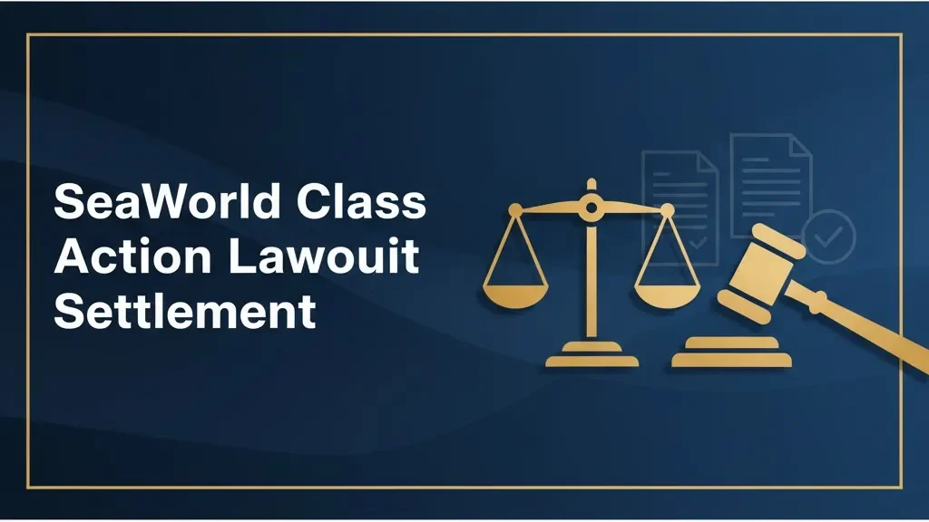 SeaWorld class action lawsuit settlement banner with legal scales and gavel icons on navy blue background