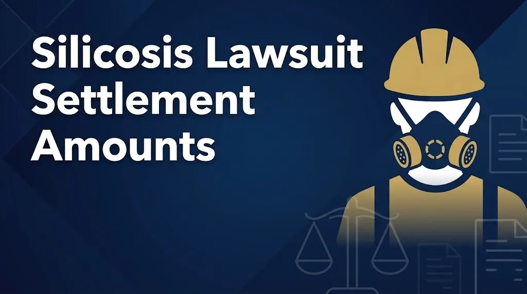 Silicosis lawsuit settlement amounts headline banner with worker silhouette and legal scales on navy background