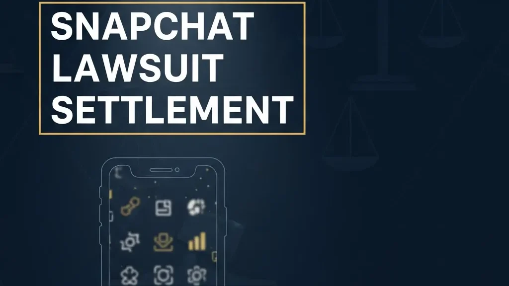 Snapchat lawsuit settlement headline banner with legal scales and smartphone silhouette on navy background