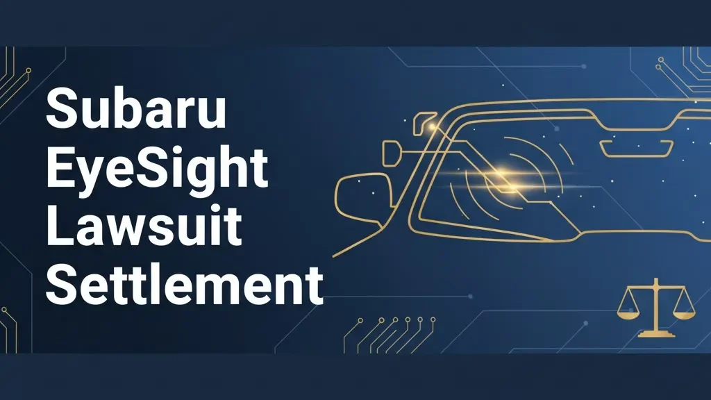 Subaru EyeSight lawsuit settlement banner with legal scales and windshield sensor graphics