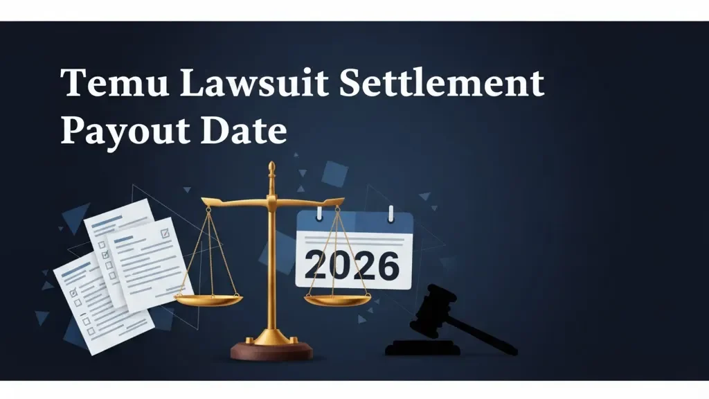 Temu lawsuit settlement payout date 2026 banner with legal scales and calendar graphic