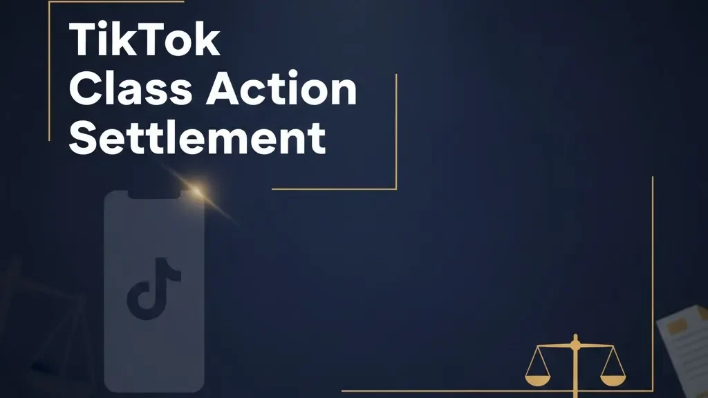 TikTok Class Action Settlement headline banner with legal scales and document icons on navy background