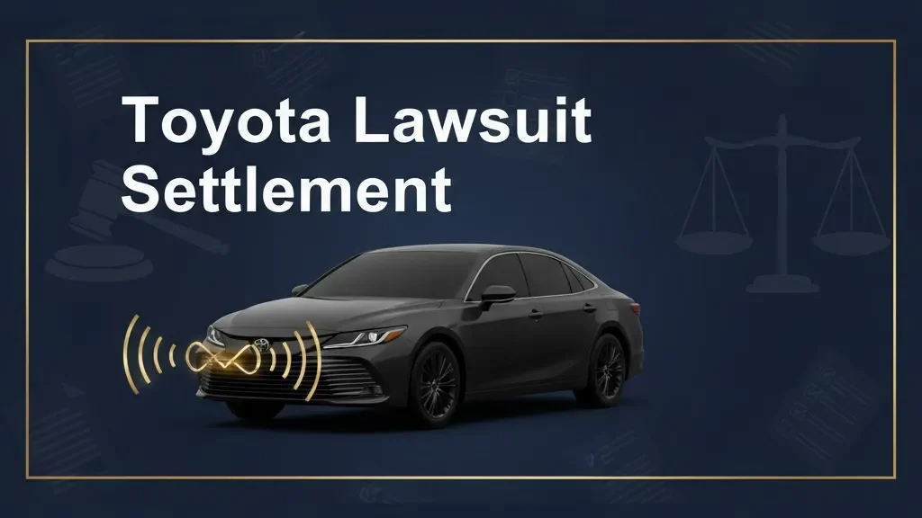 Toyota Lawsuit Settlement banner with car silhouette and legal icons on navy background