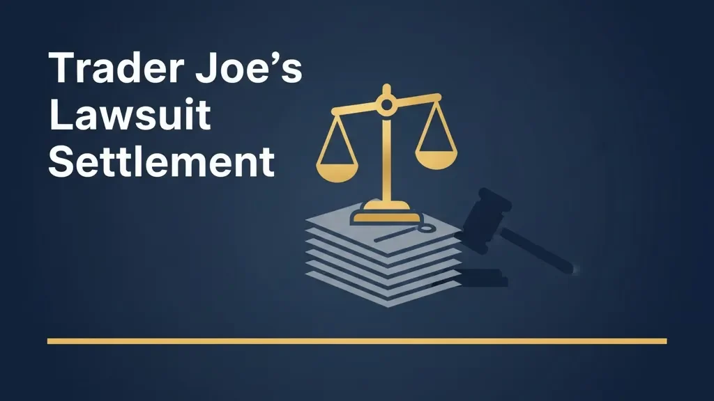 Trader Joe's lawsuit settlement headline with scales of justice and legal document icons on navy background