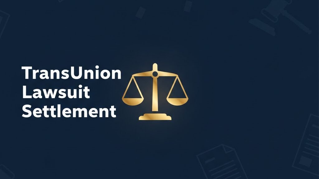 TransUnion lawsuit settlement banner with scales of justice and legal document icons