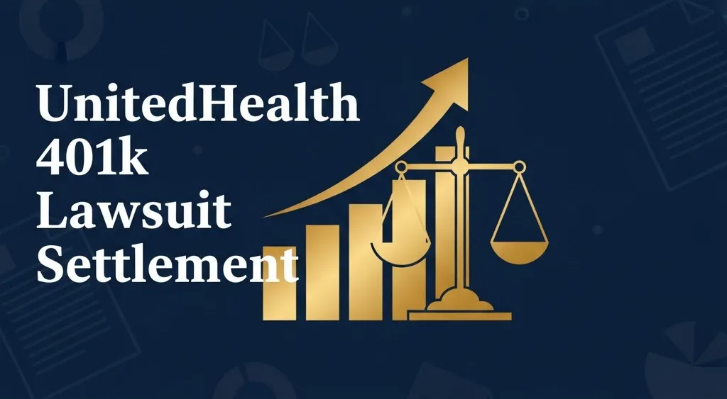 UnitedHealth 401k Lawsuit Settlement banner with legal scales and retirement chart icons
