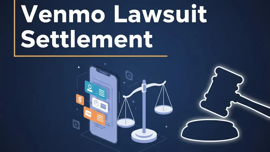 Venmo lawsuit settlement banner with scales of justice and payment app icons on navy background