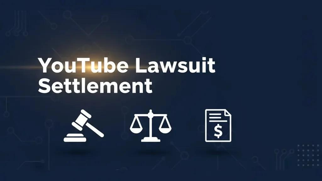 YouTube Lawsuit Settlement headline with legal scales and gavel icons on navy background