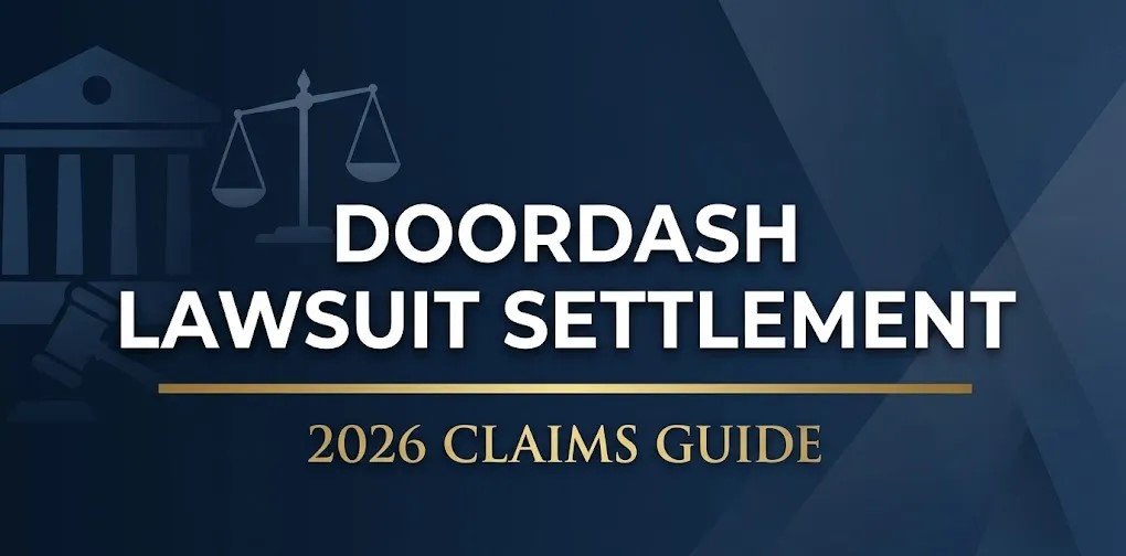 DoorDash lawsuit settlement 2026 claims guide banner with legal scales and courthouse silhouette