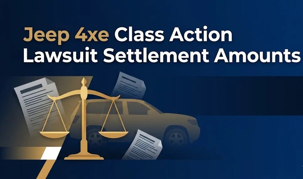 Jeep 4xe class action lawsuit settlement amounts guide with legal scales and claim documents on navy background