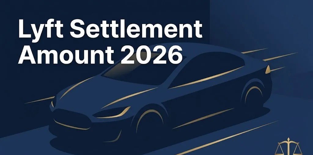 Lyft Settlement Amount 2026 headline on legal themed banner with car silhouette and scales of justice